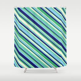 [ Thumbnail: Eyecatching Aquamarine, Sky Blue, Midnight Blue, Sea Green & Beige Colored Striped/Lined Pattern Shower Curtain ]