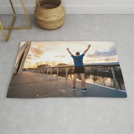 man celebrating sport success Rug | Silhouette, Sunset, Fitness, Young, Excited, Inspirational, Outdoor, Sport, People, Workout 