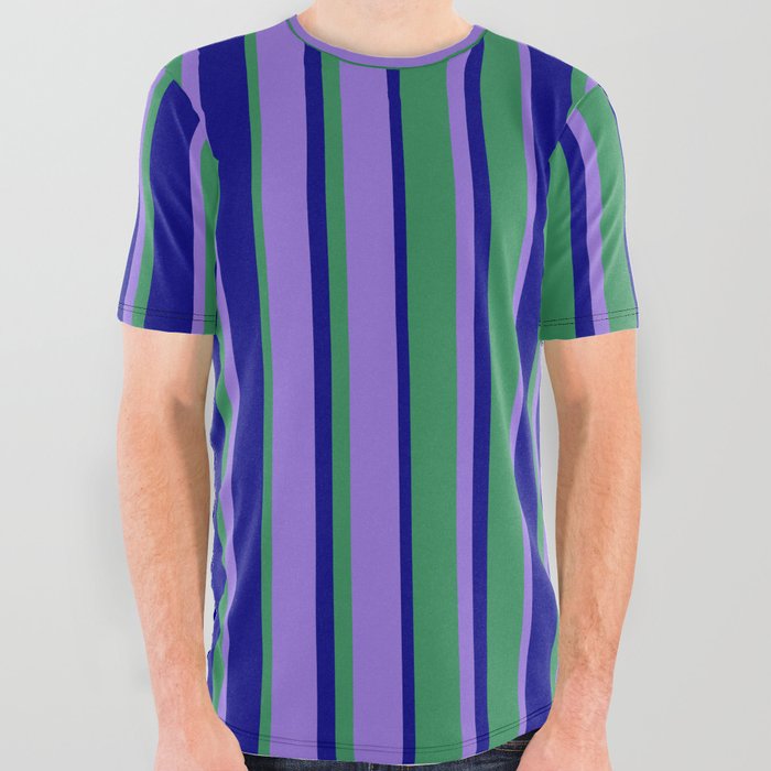 Purple, Sea Green & Blue Colored Stripes/Lines Pattern All Over Graphic Tee
