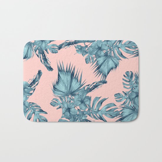 Dreaming of Hawaii Teal Blue on Millennial Pink Bath Mat