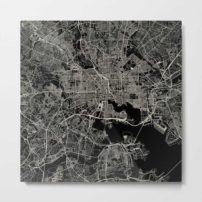 USA, Baltimore City Map - Black & White Metal Print