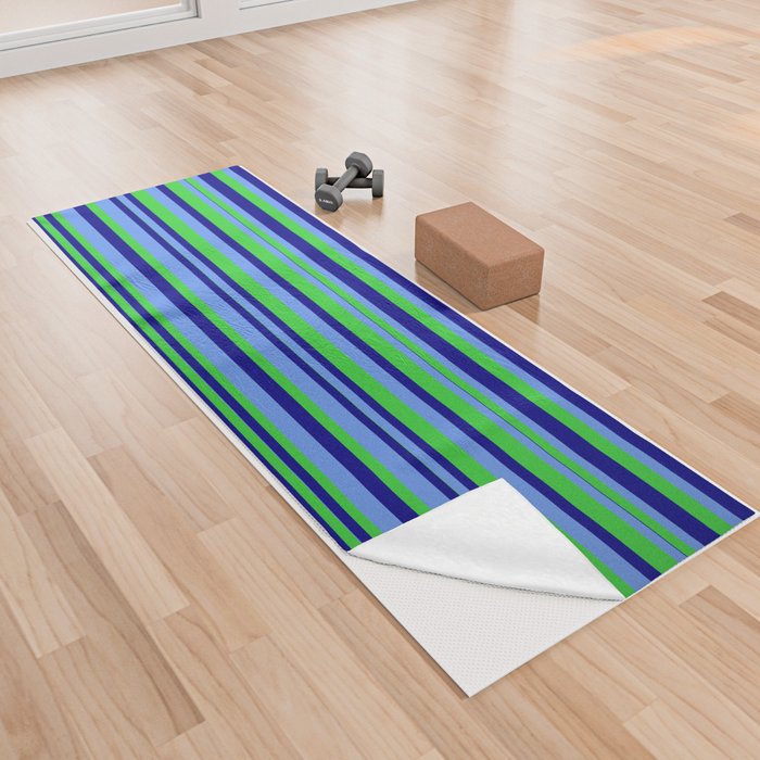 Cornflower Blue, Lime Green, and Blue Colored Striped/Lined Pattern Yoga Towel