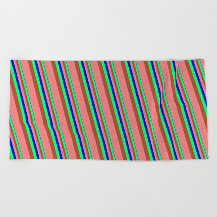 Blue, Green, Sienna & Light Coral Colored Striped/Lined Pattern Beach Towel