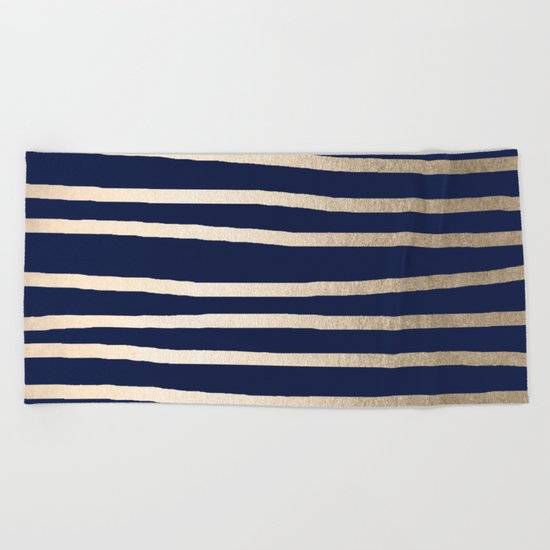 Drawn Stripes White Gold Sands on Nautical Navy Blue Beach Towel