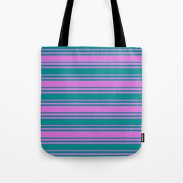 [ Thumbnail: Orchid and Dark Cyan Colored Stripes/Lines Pattern Tote Bag ]