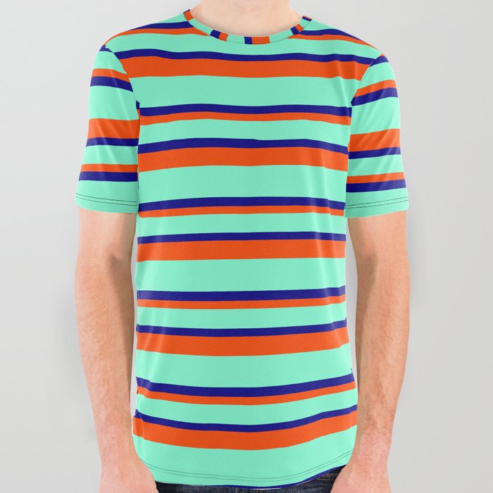 Aquamarine, Blue & Red Colored Striped/Lined Pattern All Over Graphic Tee