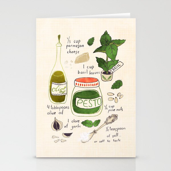 Pesto. Illustrated Recipe. Stationery Cards