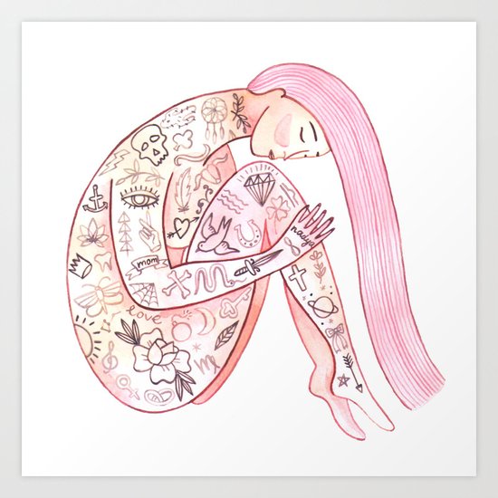 Watercolor tattoo girl Art Print