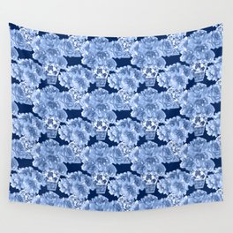 Watercolor Peony Bouquets in Vases, Indigo Wall Tapestry