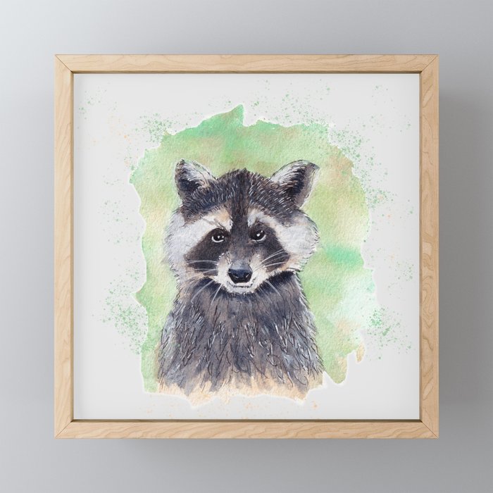 Raccoon Portrait Watercolor - White Background Framed Mini Art Print