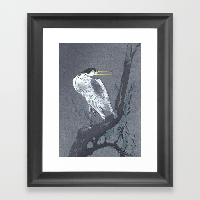 Heron Sitting on a Willow Tree Branch - Vintage Japanese Woodblock Print Art Framed Art Print