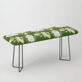 Lemons and White Flowers Pattern On Green Background Bench