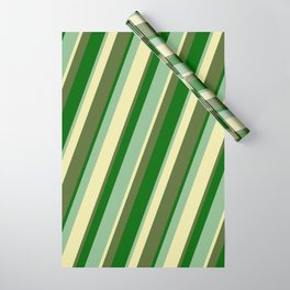 [ Thumbnail: Dark Sea Green, Pale Goldenrod, Dark Olive Green & Dark Green Colored Pattern of Stripes Wrapping Paper ]