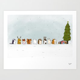 winter animals on the christmas tree Art Print