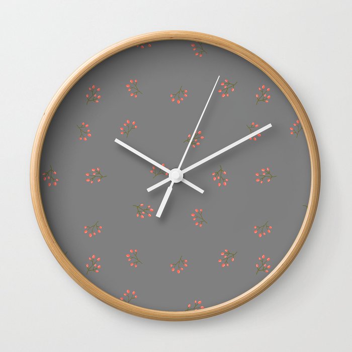 Branches With Red Berries Seamless Pattern on Grey Background Wall Clock