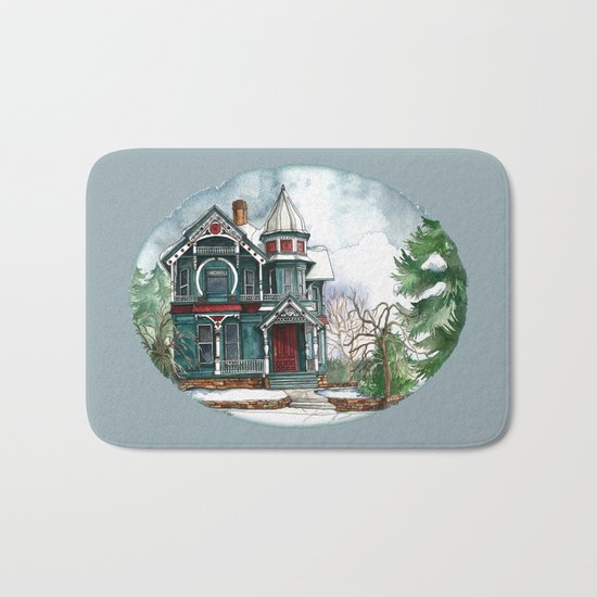 Blue House on a Grey Day Bath Mat