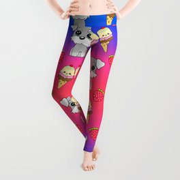 Cute happy funny baby Schnauzer puppy, sweet adorable yummy colorful Kawaii ice cream cones and red summer strawberries cartoon bright pink blue pattern design Leggings