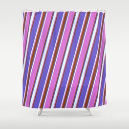 [ Thumbnail: Orchid, Brown, Slate Blue, and Light Cyan Colored Stripes Pattern Shower Curtain ]