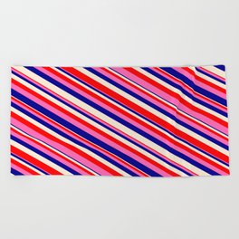 [ Thumbnail: Beige, Red, Hot Pink, and Dark Blue Colored Stripes/Lines Pattern Beach Towel ]