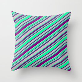 [ Thumbnail: Purple, Grey, and Green Colored Lines Pattern Throw Pillow ]