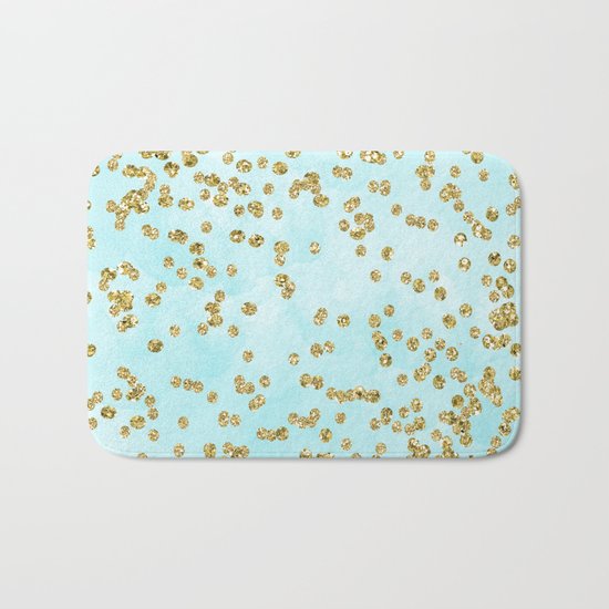 Sparkling gold glitter confetti on aqua ocean blue watercolor background-Luxury pattern on #Society6 Bath Mat