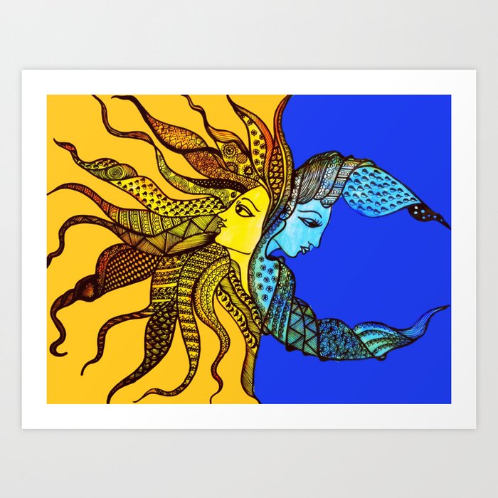 Abstract Sun And Moon Together Day And Night Art Print By Sketchiistudio Society6