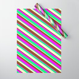 [ Thumbnail: Brown, Fuchsia, Green, and Light Yellow Colored Stripes Pattern Wrapping Paper ]
