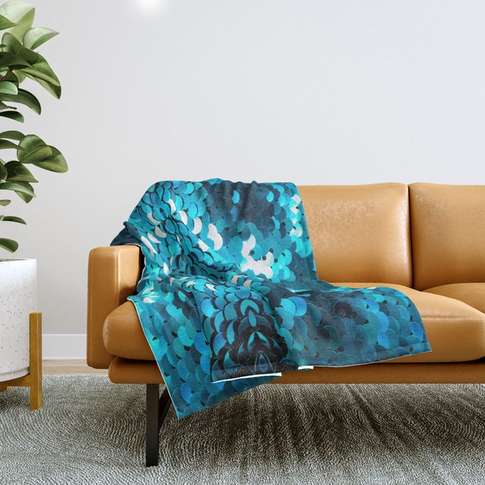 girly glam turquoise blue sequins mermaid scales Throw Blanket