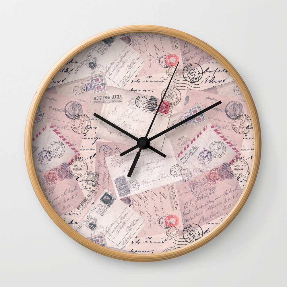 Nostalgic Letter And Postcard Collage Soft Pink Wall Clock By