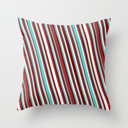 [ Thumbnail: Turquoise, Maroon, Brown & Mint Cream Colored Pattern of Stripes Throw Pillow ]