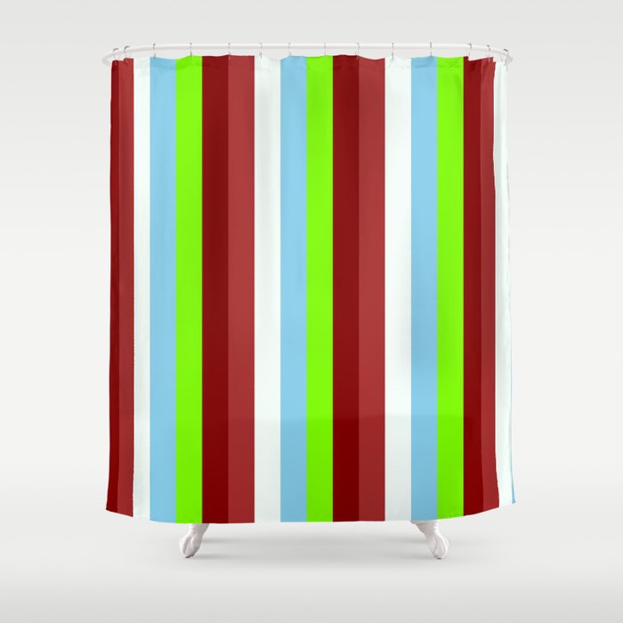 Colorful Brown, Mint Cream, Sky Blue, Green, and Maroon Colored Stripes/Lines Pattern Shower Curtain