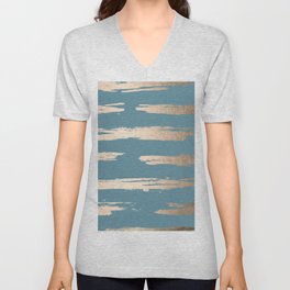 Abstract Painted Stripes Gold Tropical Ocean Blue Unisex V-Neck