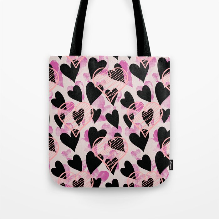 Peach, Pink, Black And Beige Heart Doddled Valentines Day Anniversary Pattern Tote Bag