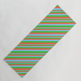 [ Thumbnail: Lime Green, Red, and Light Sky Blue Colored Striped Pattern Yoga Mat ]