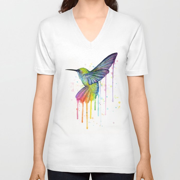 Hummingbird Rainbow Watercolor V Neck T Shirt