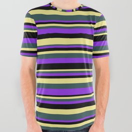 [ Thumbnail: Tan, Dark Slate Gray, Purple, and Black Colored Stripes/Lines Pattern All Over Graphic Tee ]