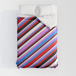 [ Thumbnail: Eyecatching Violet, Blue, Red, Black & White Colored Lines Pattern Comforter ]