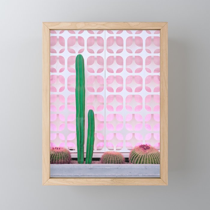 Mexican Fence Post and Barrel Cactus with Mid-Century Background Pattern Framed Mini Art Print