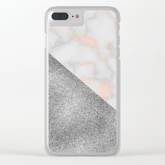 Rose gold marble and silver glitter Clear iPhone Case
