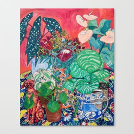 Jungle of Houseplants and Flowers on Bright Coral Pink with Wild Cats Canvas Print