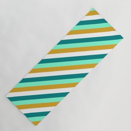 [ Thumbnail: Aquamarine, Goldenrod, White & Teal Colored Pattern of Stripes Yoga Mat ]