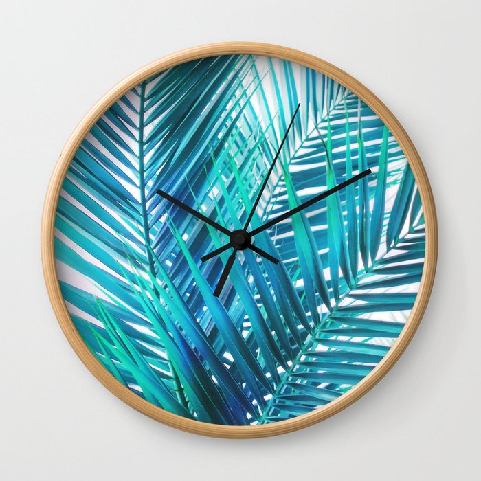 Turquoise Palm Leaves Wall Clock