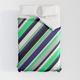 [ Thumbnail: Green, Grey, Midnight Blue, Black & White Colored Stripes Pattern Comforter ]