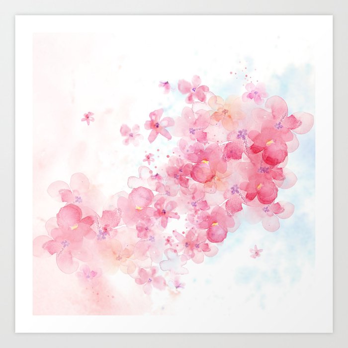 Pink Watercolor Flowers in the Wind Art Print