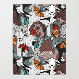 Geo spring animal party // green grey linen texture background brown aqua mint orange and neon red details Poster