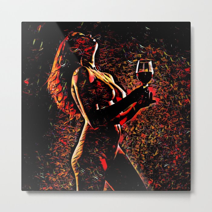 2375s-AB Nude Woman in Red with Wine Glass Abstract Feminine Power Flow Metal Print
