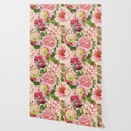 Vintage & Shabby Chic Floral Peony & Lily Flowers Watercolor Pattern Wallpaper