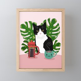 Tuxie Cat and Coffee Framed Mini Art Print