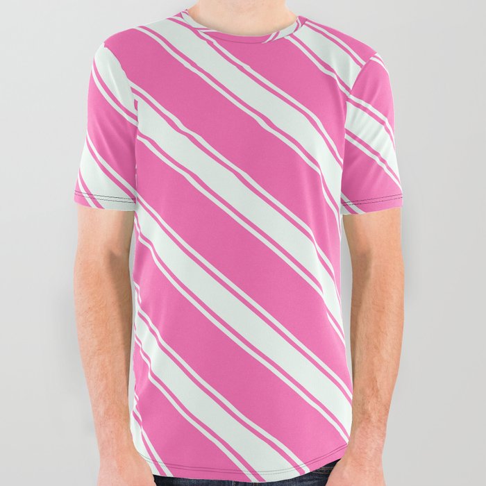 Hot Pink and Mint Cream Colored Striped/Lined Pattern All Over Graphic Tee