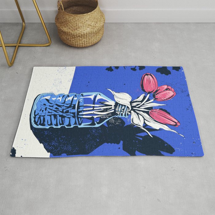 Holland Tulips Bouquet on Cobalt and Delft Blue Rug
